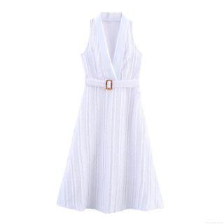 Elegant White Sleeveless Maxi Dress With Belt Suit Collar Textured Fabric Summer V-Neck A-Line Long Dress For Women Office Party Casual