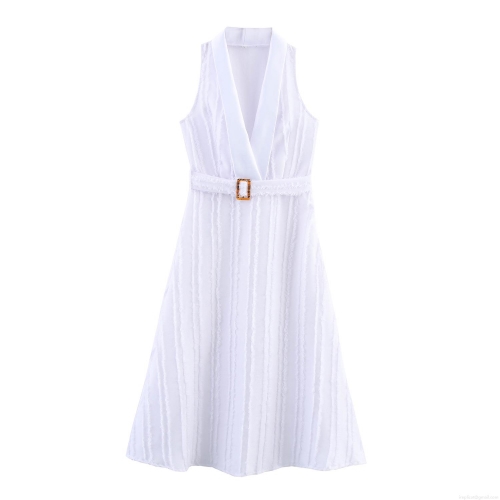 Elegant White Sleeveless Maxi Dress With Belt Suit Collar Textured Fabric Summer V-Neck A-Line Long Dress For Women Office Party Casual