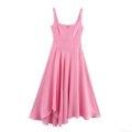 French Style Pink Women Spaghetti Strap Maxi Dress Elegant High Waist Irregular Hem A-Line Dress For Summer Vacation Party Women Clothing