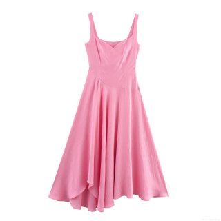 French Style Pink Women Spaghetti Strap Maxi Dress Elegant High Waist Irregular Hem A-Line Dress For Summer Vacation Party Women Clothing
