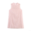 Women's Sweet Pink Sleeveless Mini Dress with Feather Fringe Texture Round Neck A-Line Short Party Dress for Girls Women Elegant Celebration Outfit