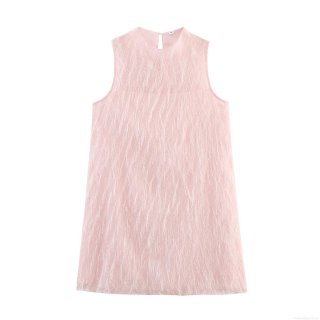 Women's Sweet Pink Sleeveless Mini Dress with Feather Fringe Texture Round Neck A-Line Short Party Dress for Girls Women Elegant Celebration Outfit