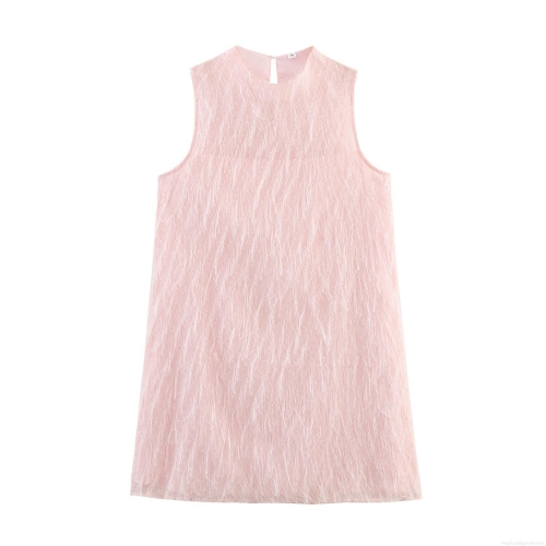 Women's Sweet Pink Sleeveless Mini Dress with Feather Fringe Texture Round Neck A-Line Short Party Dress for Girls Women Elegant Celebration Outfit