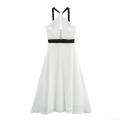 Elegant Halter Neck Backless Maxi Dress White Contrast Hollow Out High Waist A-Line Polyester Chiffon Long Dress For Women Party Evening Vacation