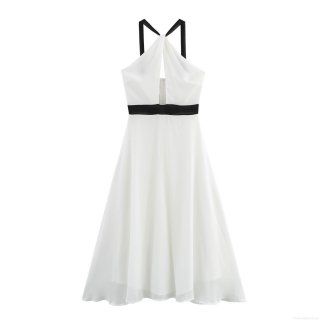 Elegant Halter Neck Backless Maxi Dress White Contrast Hollow Out High Waist A-Line Polyester Chiffon Long Dress For Women Party Evening Vacation