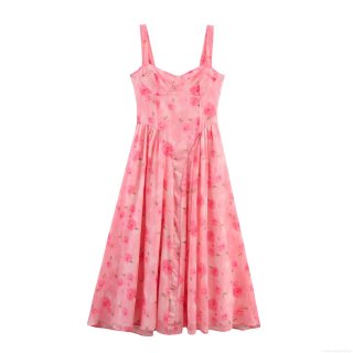 Women's Pink Rose Floral Chiffon Midi Dress Sweetheart Neck Sleeveless Backless A-Line High Waist Dress For Summer Vacation Date Night Sweet Girl Style