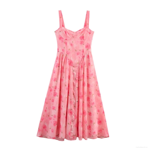 Women's Pink Rose Floral Chiffon Midi Dress Sweetheart Neck Sleeveless Backless A-Line High Waist Dress For Summer Vacation Date Night Sweet Girl Style