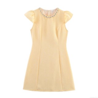 Women Elegant Tweed Mini Dress With Rhinestone Collar Flutter Sleeves High Waist A-Line Short Dress For Summer Socialite Party