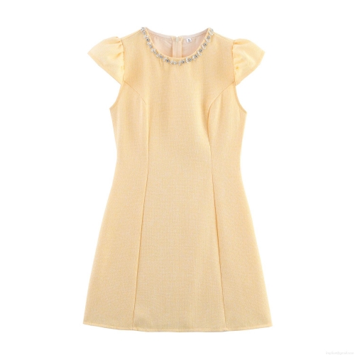 Women Elegant Tweed Mini Dress With Rhinestone Collar Flutter Sleeves High Waist A-Line Short Dress For Summer Socialite Party