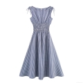 Women's Navy Blue Plaid Smocked Midi Dress Off-Shoulder Tie Shoulder Sleeveless Pleated A-Line Gingham Long Dress Casual Summer Beach Polyester Gown
