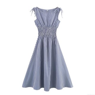 Women's Navy Blue Plaid Smocked Midi Dress Off-Shoulder Tie Shoulder Sleeveless Pleated A-Line Gingham Long Dress Casual Summer Beach Polyester Gown