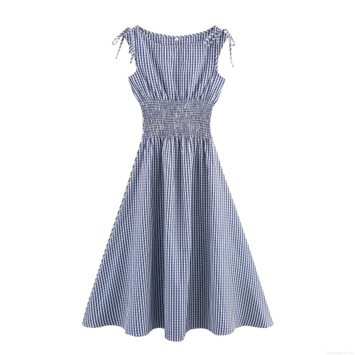 Women's Navy Blue Plaid Smocked Midi Dress Off-Shoulder Tie Shoulder Sleeveless Pleated A-Line Gingham Long Dress Casual Summer Beach Polyester Gown