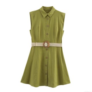 Women's Sleeveless A-Line Mini Dress With Woven Belt Olive Green Linen Blend Lapel Button Down Retro Casual Elegant Summer Vacation Short Dress