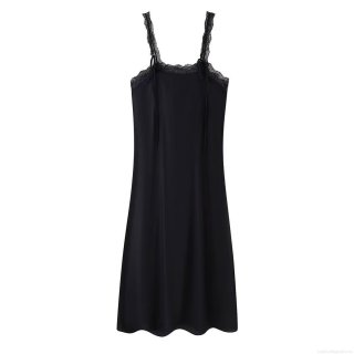 Women Satin Maxi Dress Lace Patchwork V-Neck Slip Dress Elegant Sexy Sleeveless Spaghetti Strap Straight Dress for Party Evening Wedding Clubwear