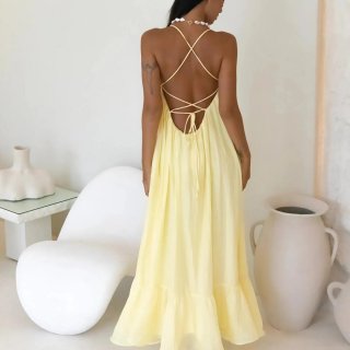 Women's Halter Backless Maxi Dress Polyester Crushed Texture Lace-up Ruffle Hem Beach Vacation Long Dress Cross Strap Sundress