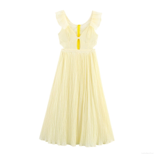 Women Sleeveless V Neck Maxi Dress Hollow Out High Waist Ruffle Fly Sleeve Textured Bubble Fabric Elegant Sweet Solid Yellow Summer Beach Sundress