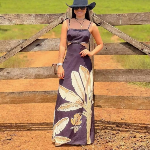 Women's Summer Hawaiian Resort Style Tropical Palm Leaf Print Maxi Dress Sexy Hollow Out Backless Spaghetti Strap Polyester Long Dress for Beach Vacation