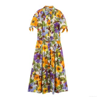 Women Floral Print Shirt Dress Short Sleeve Single Breasted Button Down Maxi Dress With Waist Belt Sweet Casual Vacation A-Line Poplin Dress
