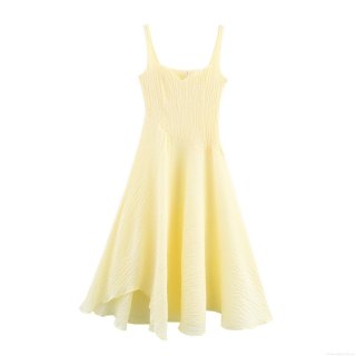 Elegant Solid Color Pale Yellow Spaghetti Strap Dress For Women Summer Vacation Party Texture Pleated Asymmetrical Hem Maxi Dress