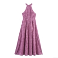 Elegant Fuchsia Halter Neck Maxi Dress For Women Sexy Sleeveless Jacquard Floral Textured Backless Party Evening Wedding Long Dress