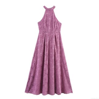 Elegant Fuchsia Halter Neck Maxi Dress For Women Sexy Sleeveless Jacquard Floral Textured Backless Party Evening Wedding Long Dress