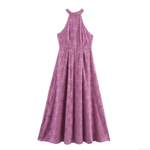 Elegant Fuchsia Halter Neck Maxi Dress For Women Sexy Sleeveless Jacquard Floral Textured Backless Party Evening Wedding Long Dress