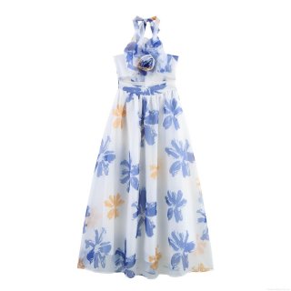 Elegant Women Floral Print Organza Halter Maxi Dress With 3D Flower Decor Backless High Waist Sleeveless Summer Vacation Party Evening Dress