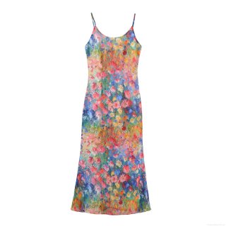 Women Elegant Oil Painting Floral Maxi Dress Sexy Cami Slip Long Dress Slim Fit Polyester Sleeveless High Waist Gown for Summer Beach Party Vacation