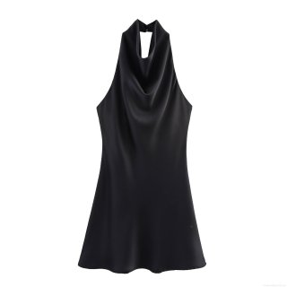 Sexy Satin Halter Cowl Neck Backless Mini Dress Women Elegant Sleeveless Solid Color Party Night Club Dress Polyester Vestido