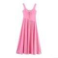 Women's Elegant Pink V Neck Sleeveless Maxi Dress Tie Bow Back Cut Out Irregular Hem High Waist Polyester Long Dress For Summer Vacation Beach Party