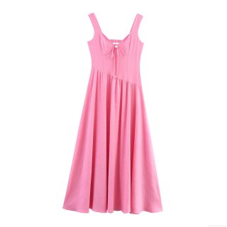 Women's Elegant Pink V Neck Sleeveless Maxi Dress Tie Bow Back Cut Out Irregular Hem High Waist Polyester Long Dress For Summer Vacation Beach Party