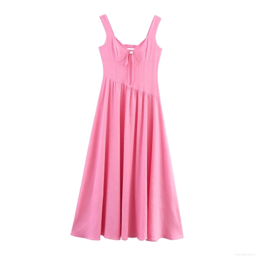 Women's Elegant Pink V Neck Sleeveless Maxi Dress Tie Bow Back Cut Out Irregular Hem High Waist Polyester Long Dress For Summer Vacation Beach Party