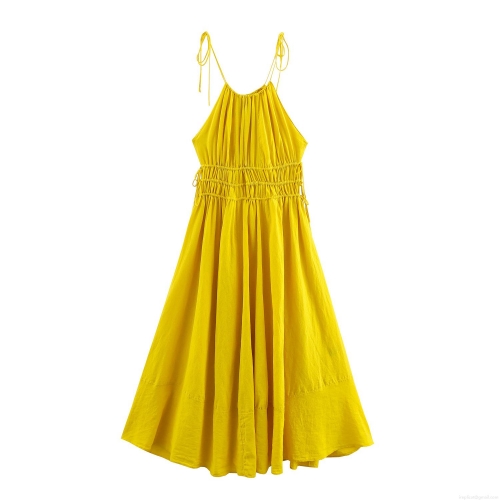 Women's Summer Halter Linen Blend Maxi Dress Elegant Smocked Waist Sleeveless Solid Yellow Vacation Beach Long Dress For Women