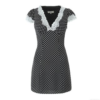 Women Retro Polka Dot Mini Dress Lace Patchwork V Neck Short Sleeve Slim Fit High Waist A-Line Dress Elegant Party Dating Sundress For Ladies