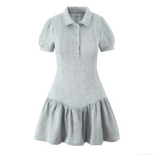 Women's Ribbed Knit Mini Dress Short Sleeve Puff Sleeve Polo Collar Button Up Front Ruffle Hem Slim Fit Sweet Academy Style Casual Short Dress For Ladies Grey