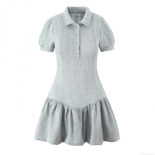 Women's Ribbed Knit Mini Dress Short Sleeve Puff Sleeve Polo Collar Button Up Front Ruffle Hem Slim Fit Sweet Academy Style Casual Short Dress For Ladies Grey