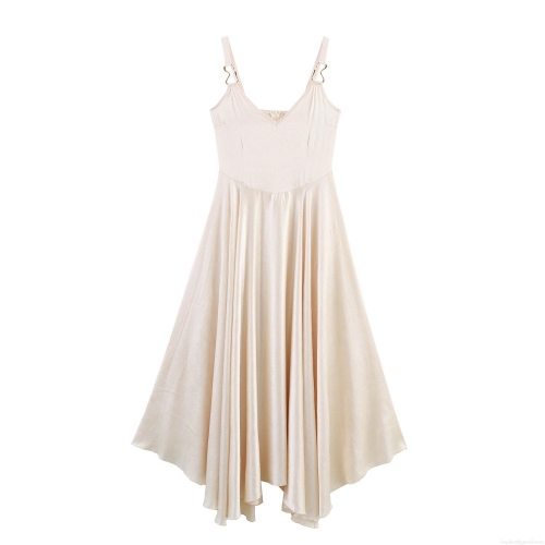 Elegant Apricot Satin Halter Maxi Dress Women Metal Buckle Decoration V Neck Sleeveless Large Swing Flared Party Evening Banquet Dress