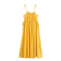 Women's Vacation Maxi Dress Faux Linen Polyester Solid Yellow Smocked High Waist Adjustable Tie Strap Sleeveless Long Dress For Beach Summer Party Elegant Lady