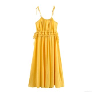 Women's Vacation Maxi Dress Faux Linen Polyester Solid Yellow Smocked High Waist Adjustable Tie Strap Sleeveless Long Dress For Beach Summer Party Elegant Lady