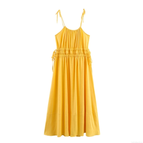 Women's Vacation Maxi Dress Faux Linen Polyester Solid Yellow Smocked High Waist Adjustable Tie Strap Sleeveless Long Dress For Beach Summer Party Elegant Lady