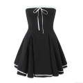 Women's Sweet Retro Contrast Color Strapless Mini Dress Polyester Bow Ruffle Trim Sleeveless A-Line Party Dress For Summer