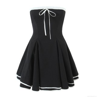 Women's Sweet Retro Contrast Color Strapless Mini Dress Polyester Bow Ruffle Trim Sleeveless A-Line Party Dress For Summer