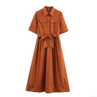Women's Short Sleeve Shirt Maxi Dress Caramel Polyester Lapel Single Breasted Tie-Up Waist Casual Commuter Button Down Pocketed Long Dress For Ladies