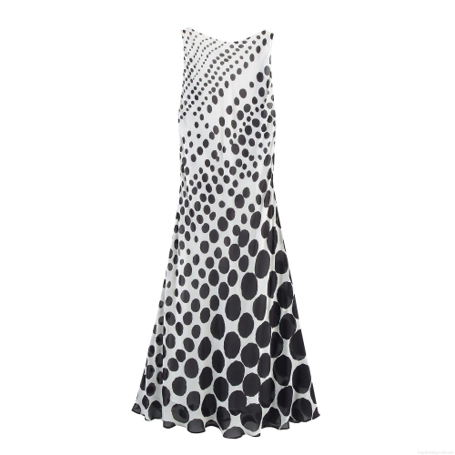 Women Elegant Sexy Backless Polka Dot Maxi Dress Sleeveless Round Neck Chiffon Long Dress For Summer Party Vacation High Waist Drape Cowl Back Sundress
