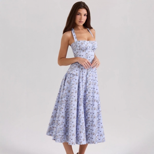 Women's Sexy Halter Neck Backless Maxi Dress Floral Print Single Breasted Slim Fit A-Line Long Dress For Summer Beach Vacation Party Evening