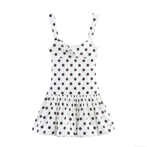 Sweet White Polka Dot Camisole Dress Women Summer High Waist Square Neck Mini Pleated Balloon Dress Retro Elegant A-Line Short Skirt