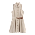Women's Sleeveless Mini Shirt Dress Linen Blend Lapel Button Front High Waist With Woven Belt Elegant British Style Summer Short Dress for Office Daily