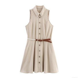 Women's Sleeveless Mini Shirt Dress Linen Blend Lapel Button Front High Waist With Woven Belt Elegant British Style Summer Short Dress for Office Daily