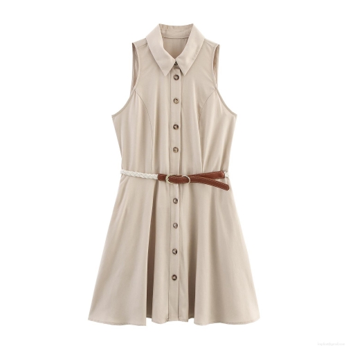 Women's Sleeveless Mini Shirt Dress Linen Blend Lapel Button Front High Waist With Woven Belt Elegant British Style Summer Short Dress for Office Daily