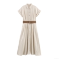 Women's Elegant Short Sleeve Shirt Dress Cotton Linen Blend Button Down Pleated Midi Dress With Belt Casual Commute Work Office Lady Summer Fashion